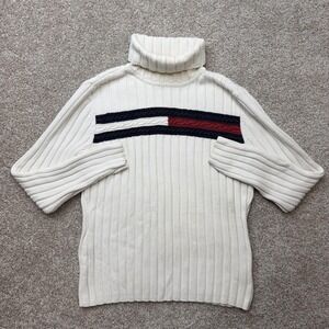 Vintage Tommy Hilfiger Sweater Womens Large White Turtleneck Striped Tight-Knit